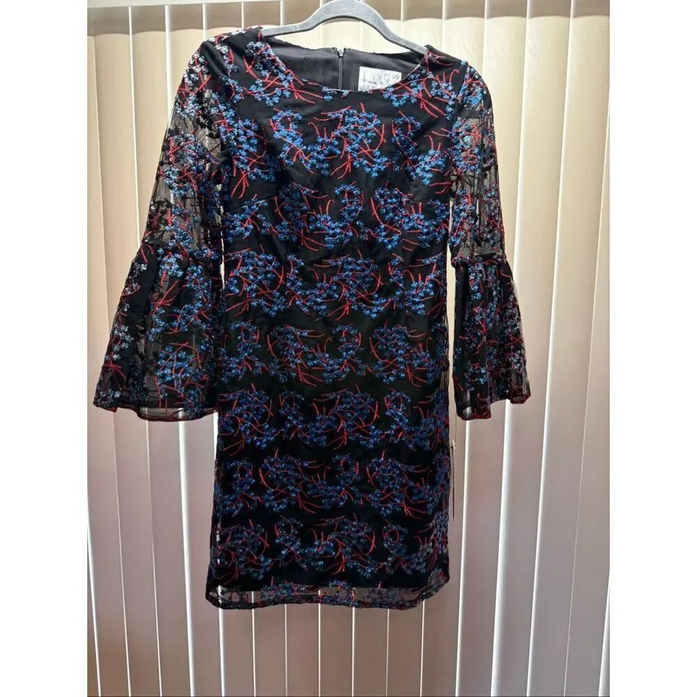 Nicole Miller Embroidered Mesh Dress Black Red Blue Sheer Bell Sleeve Cocktail S - Picture 4 of 13